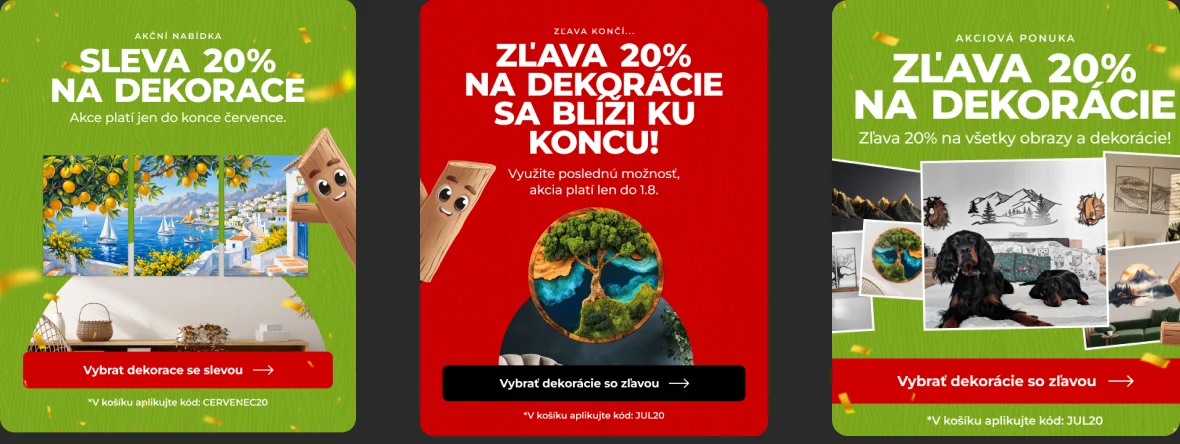 Three Drevko flash-promo e-mails offering 20% off d&eacute;cor
